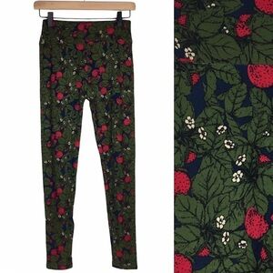 LULAROE Leggings OS One Size Strawberries Strawberry Leaves Navy Blue Red Green